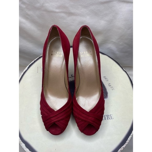 Stuart Weitzman Red Suede  Peep Toe Heels - Picture 2 of 9